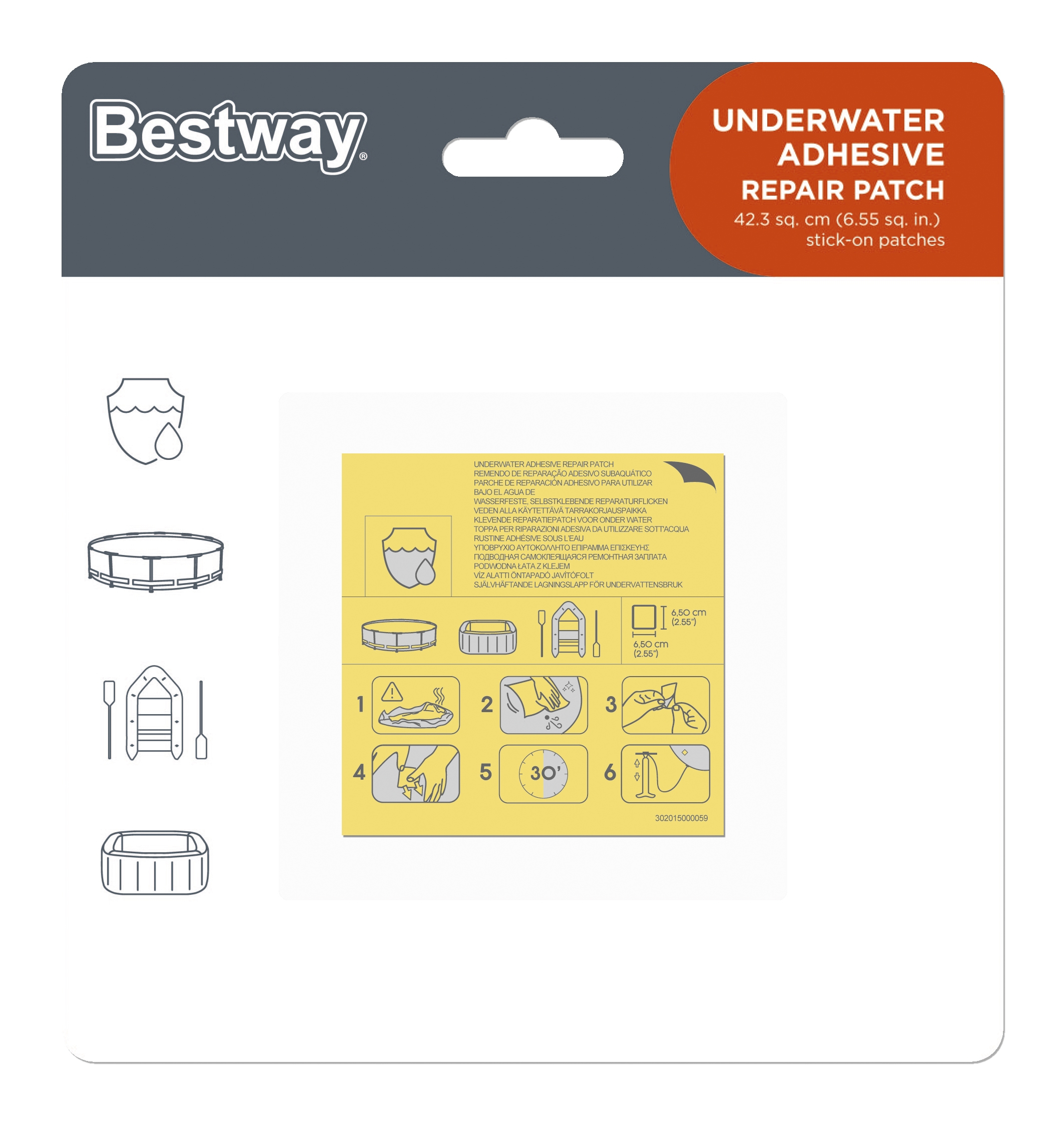 Bestway Unterwasser-Reparaturband mit Anleitung. Enthält 6 Patch-Größen.