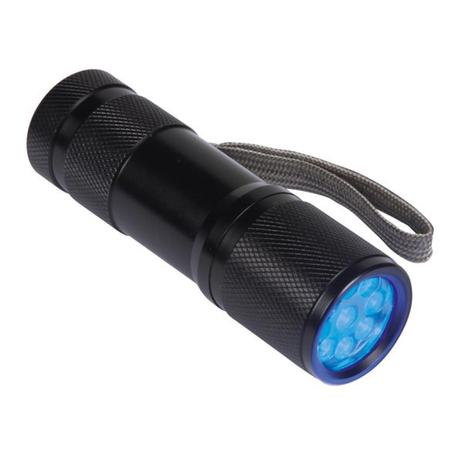 Torcia nera con luce blu e cordino.