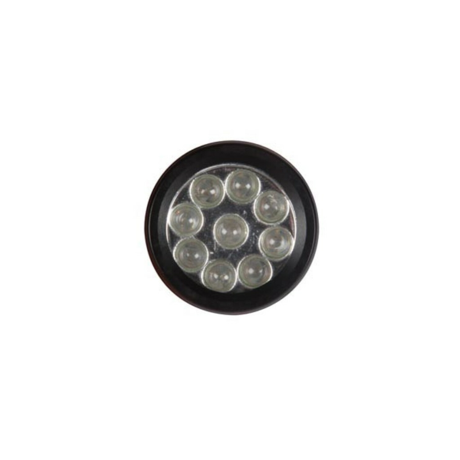Primo piano di un cerchio nero con nove LED rotondi e trasparenti.