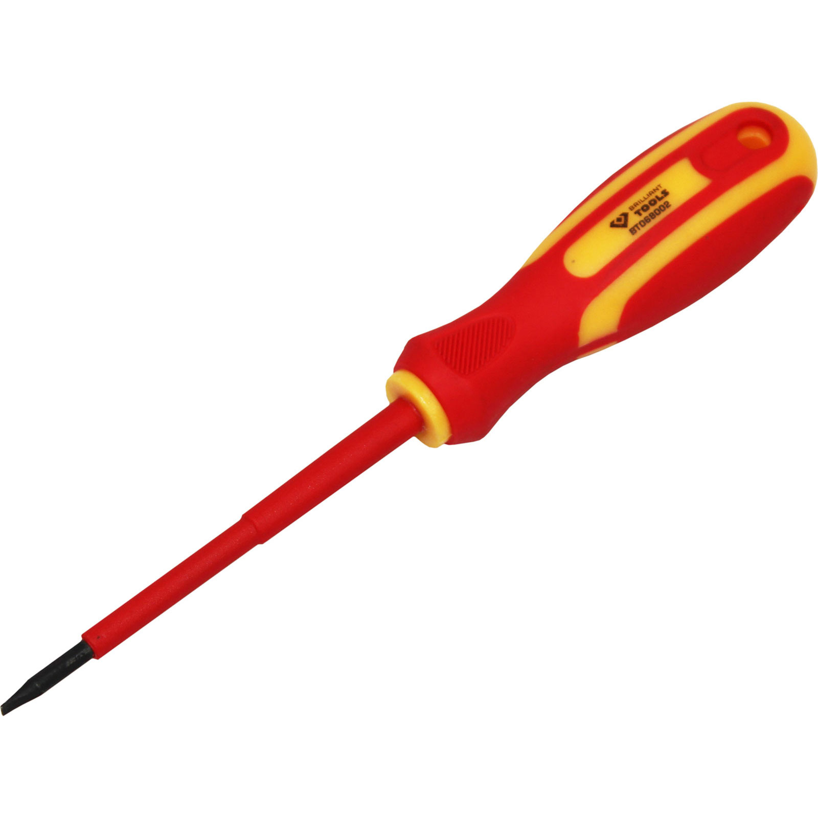 Un cacciavite isolato rosso e giallo con punta nera.