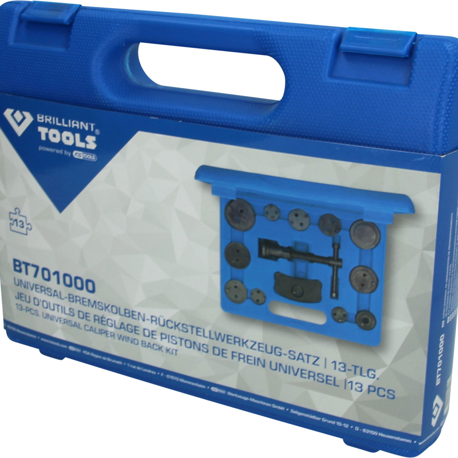 Cassetta porta attrezzi blu con kit universale da 13 pezzi per pistoncini.