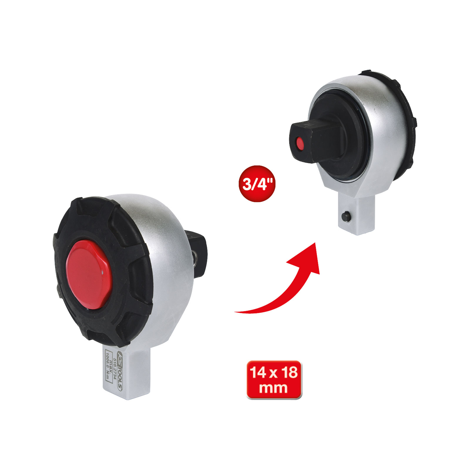 Zwei silberne Drehmoment-Adapter mit rotem Knopf, 3/4" und 14x18 mm