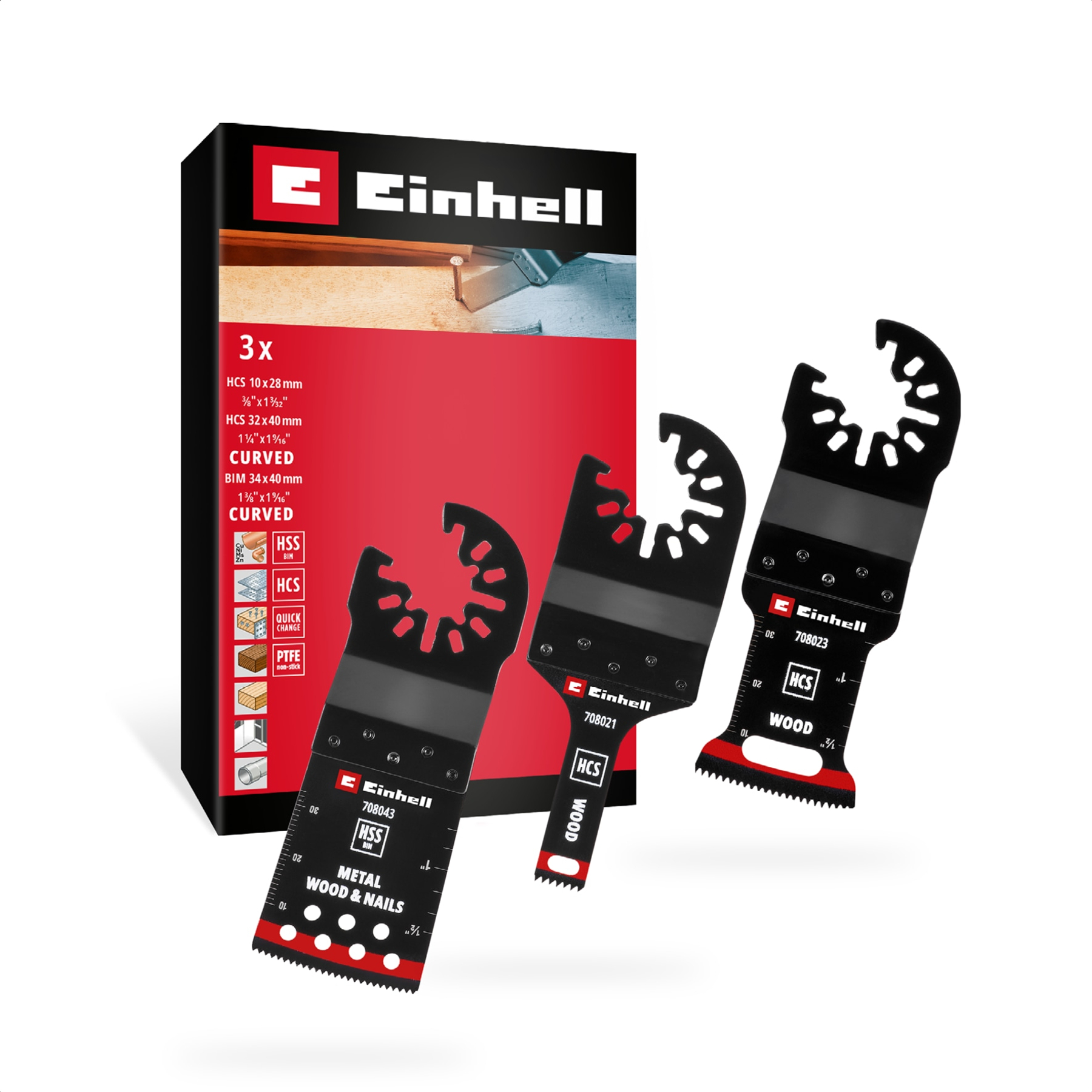 Einhell-Verpackung mit drei Sägeblättern für Multifunktionswerkzeuge.