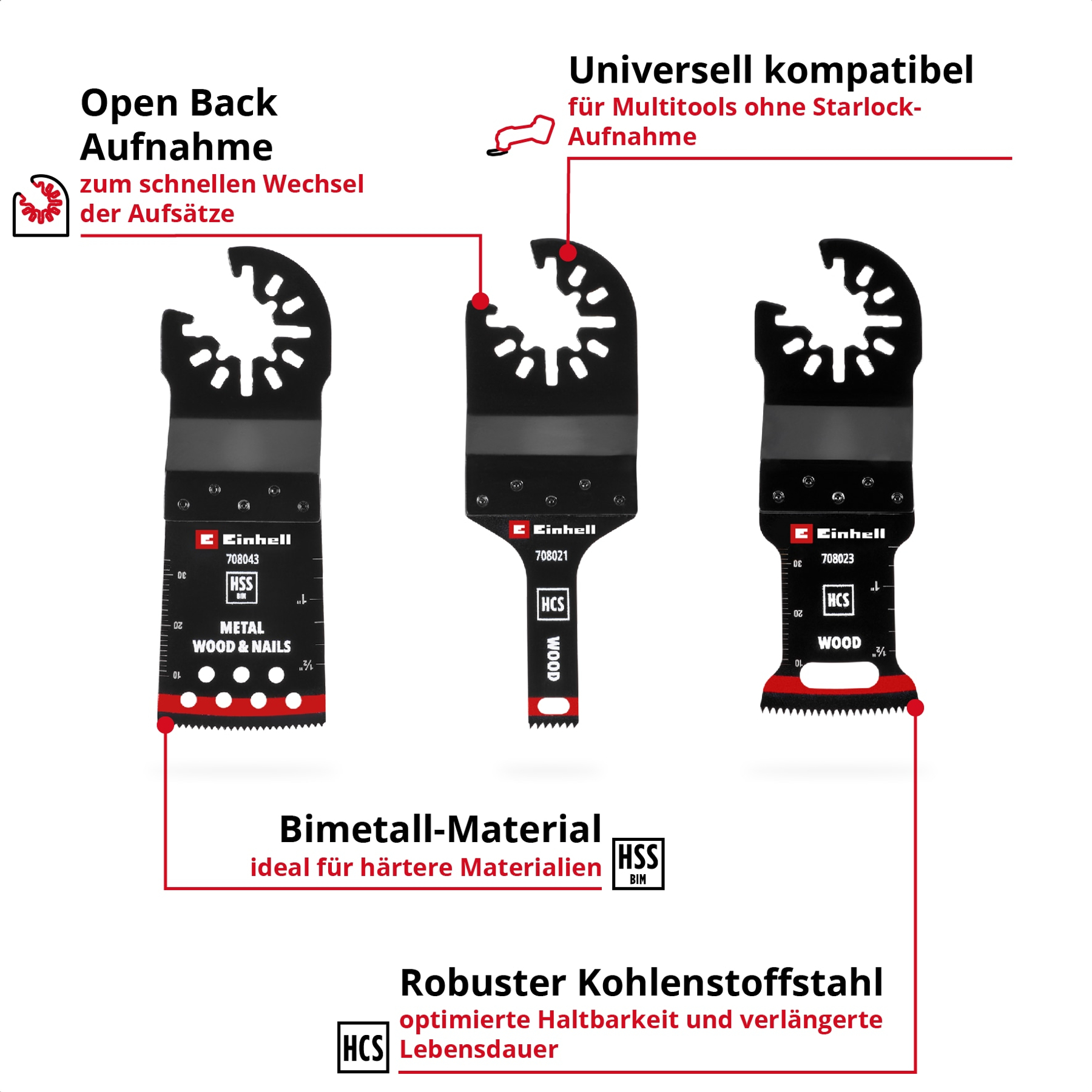 Drei Einhell Werkzeugklingen: Metall, Holz & Nägel, Holz. Offene Aufnahme.