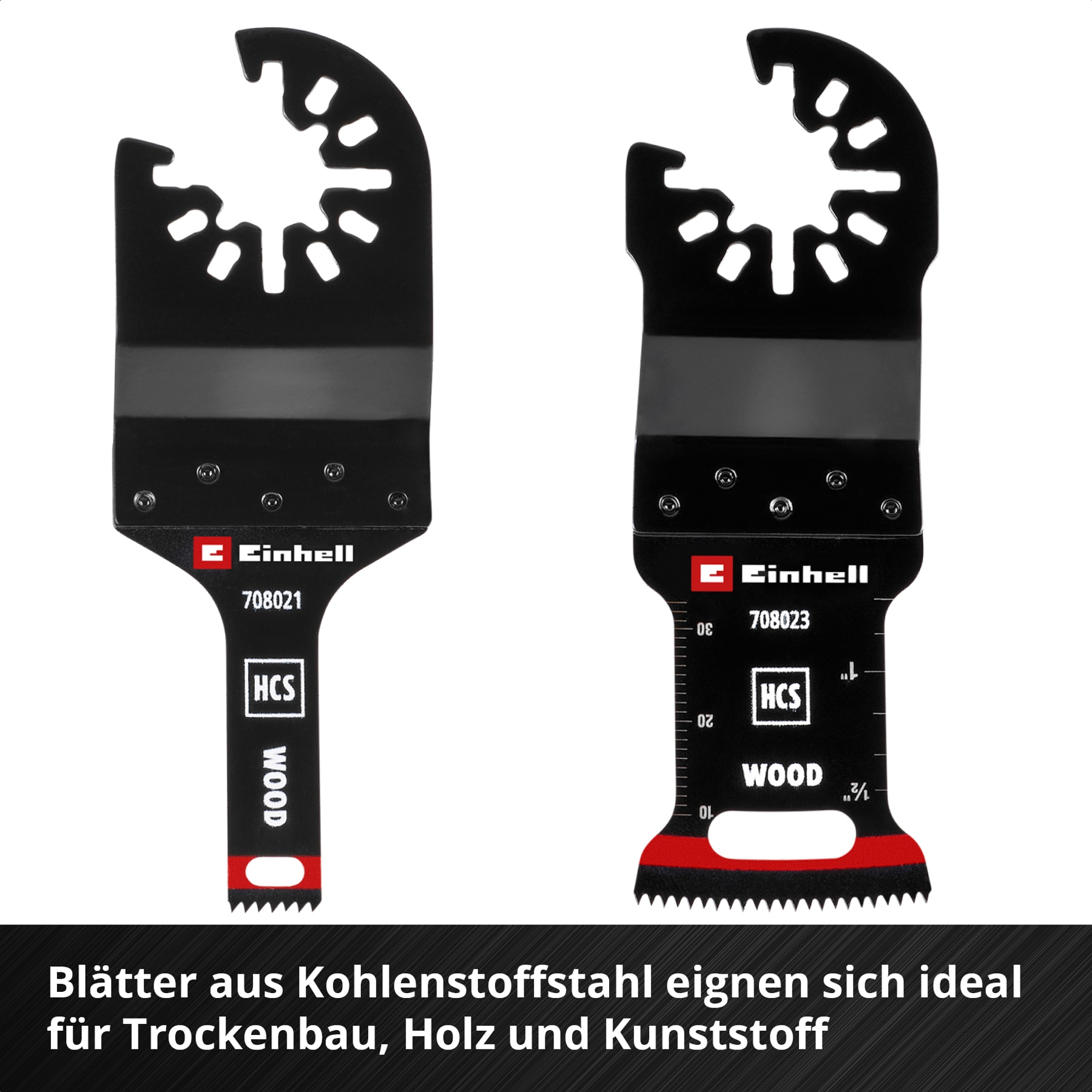 Zwei Einhell HCS Sägeblätter für Holz, eines mit 708021, das andere mit 708023.
