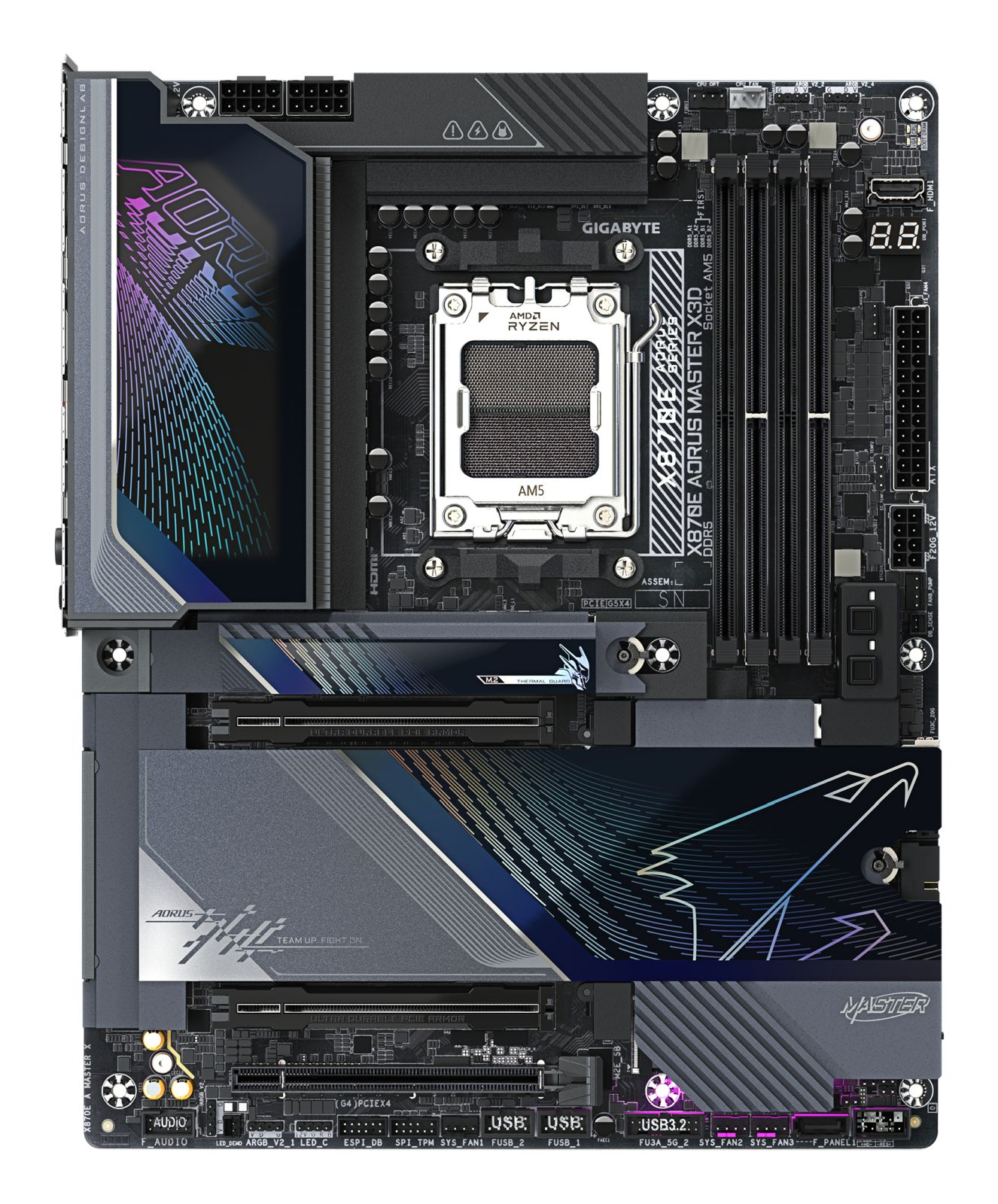 A black AMD Ryzen motherboard with RGB accents and heatsinks.