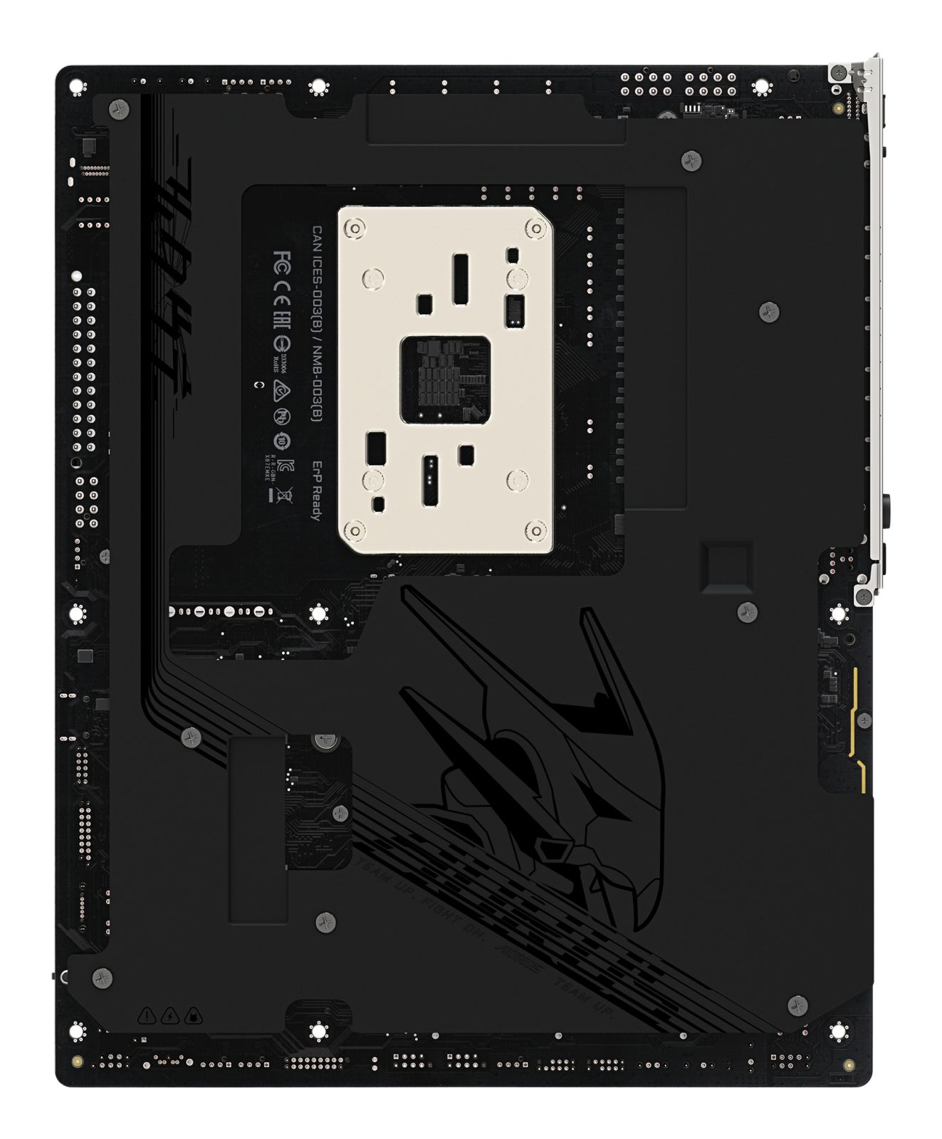 Back of a black motherboard with CPU socket and technical prints.
