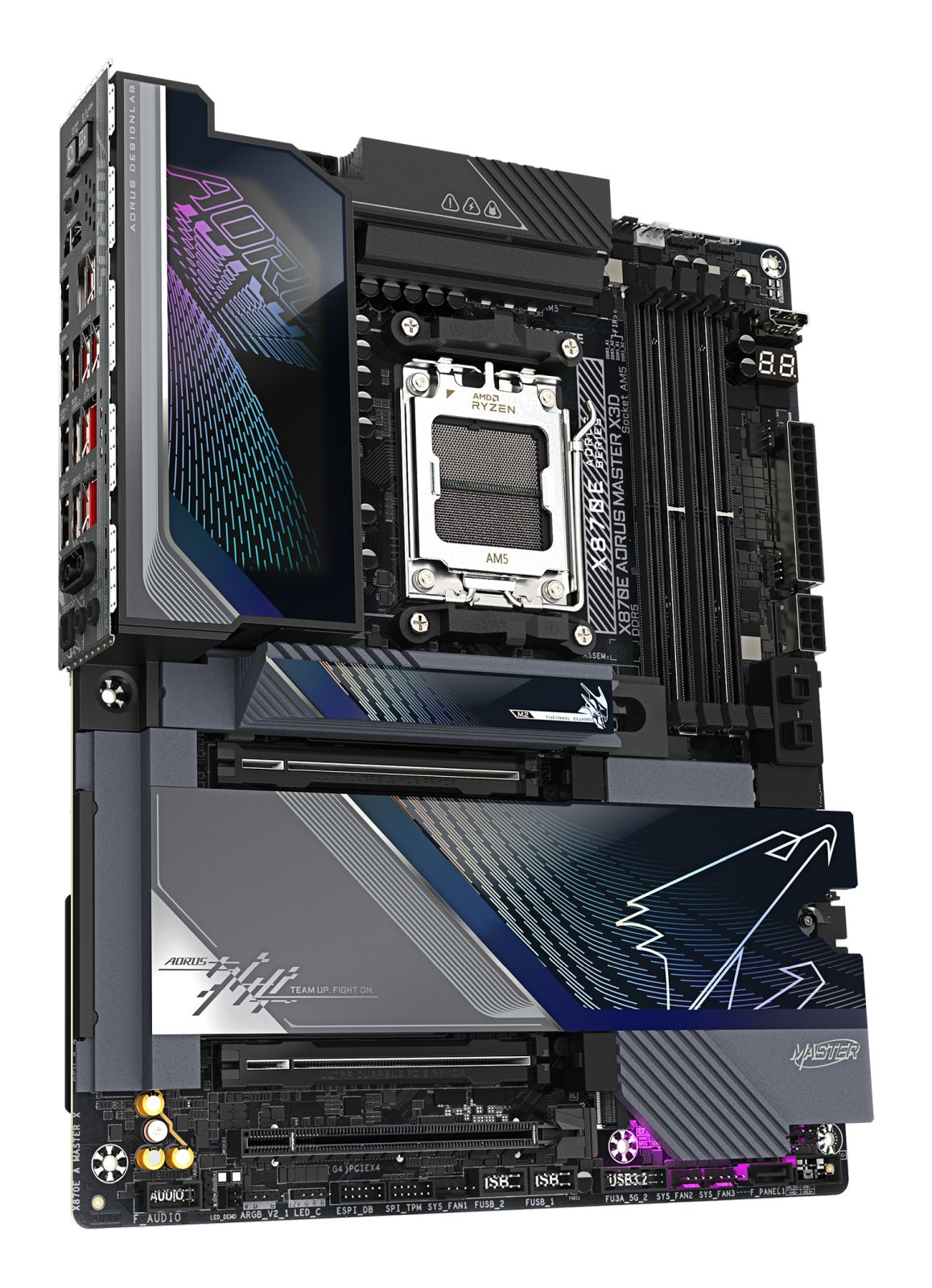 A black motherboard with an AMD Ryzen CPU socket, RAM slots, and heatsinks.