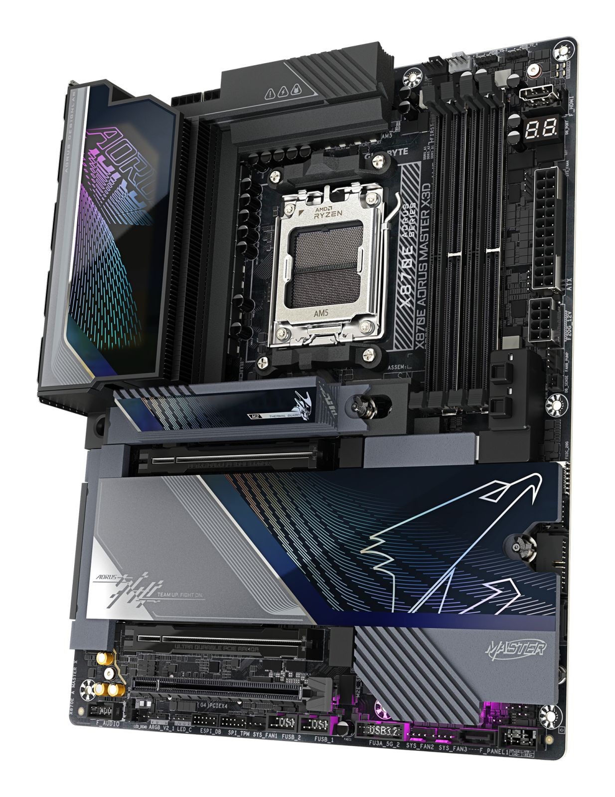 A black motherboard with silver and blue accents, CPU socket, and RAM slots.