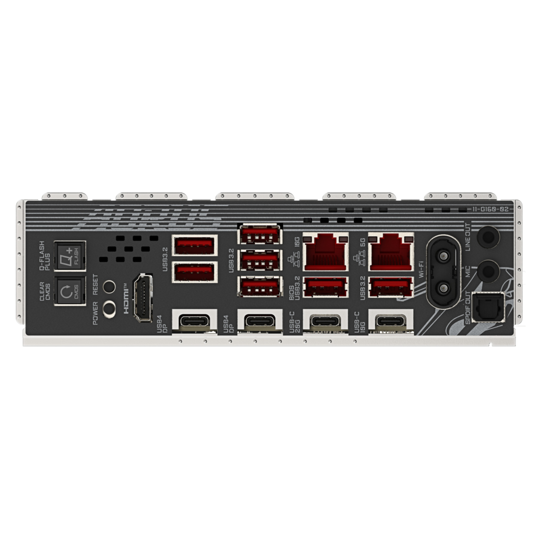 Rear I/O panel with USB, HDMI, Ethernet, Wi-Fi, audio, and power buttons.