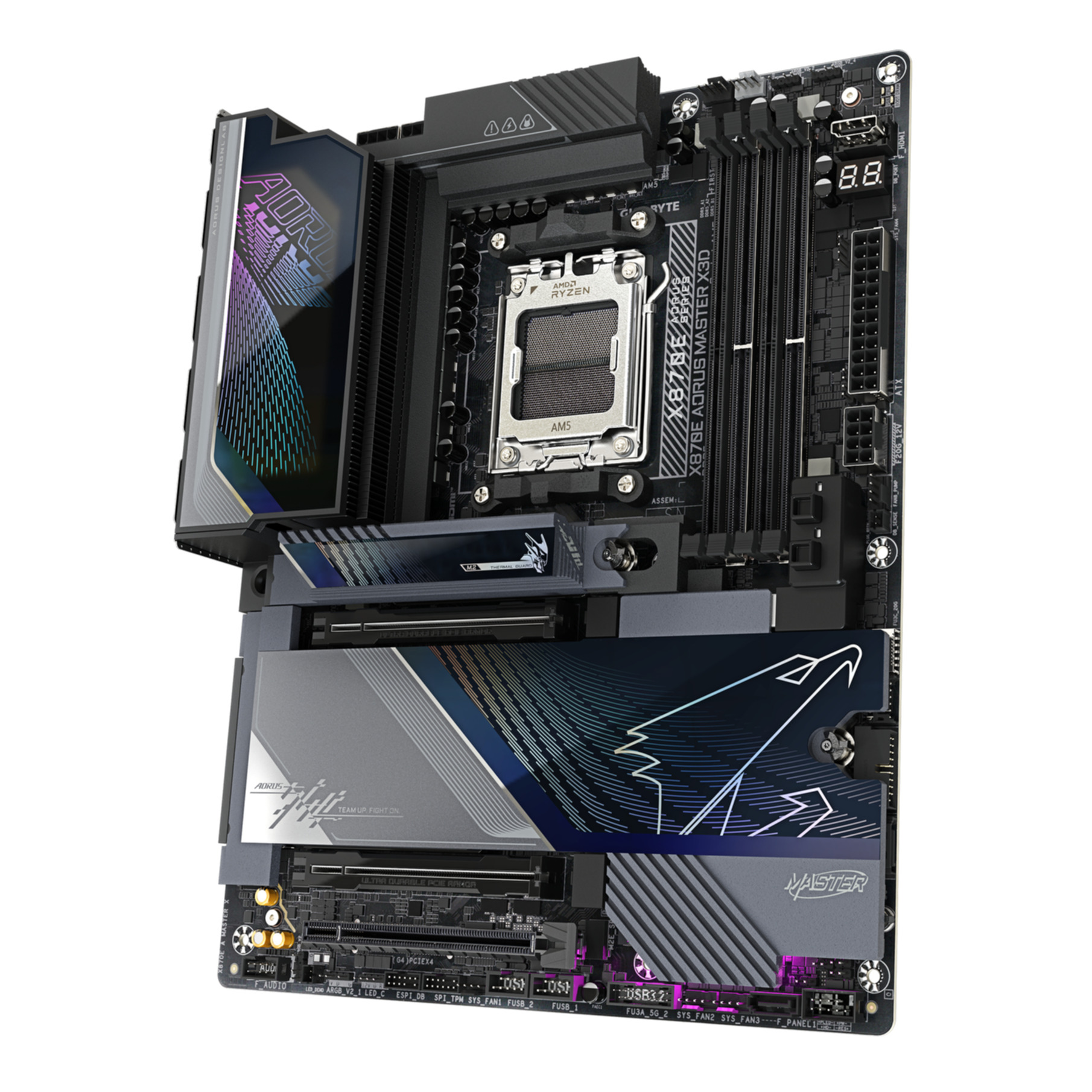 A black motherboard with AMD Ryzen CPU socket, heatsinks, and connectors.
