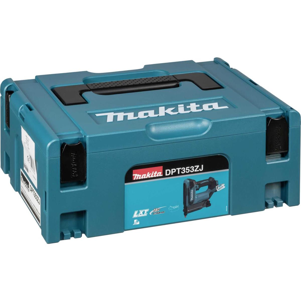 Una cassetta degli attrezzi Makita blu con manico e logo.