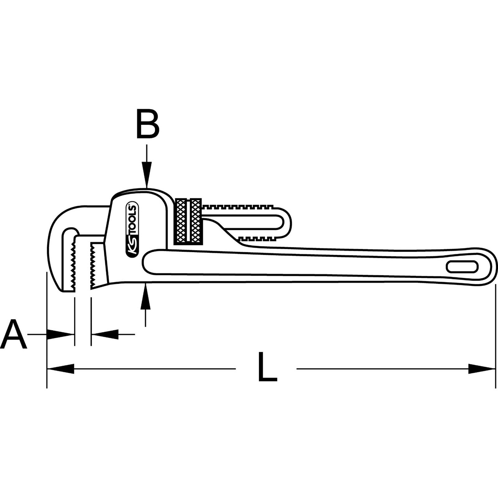 Technische Zeichnung einer Rohrzange mit Maßen A, B und L.