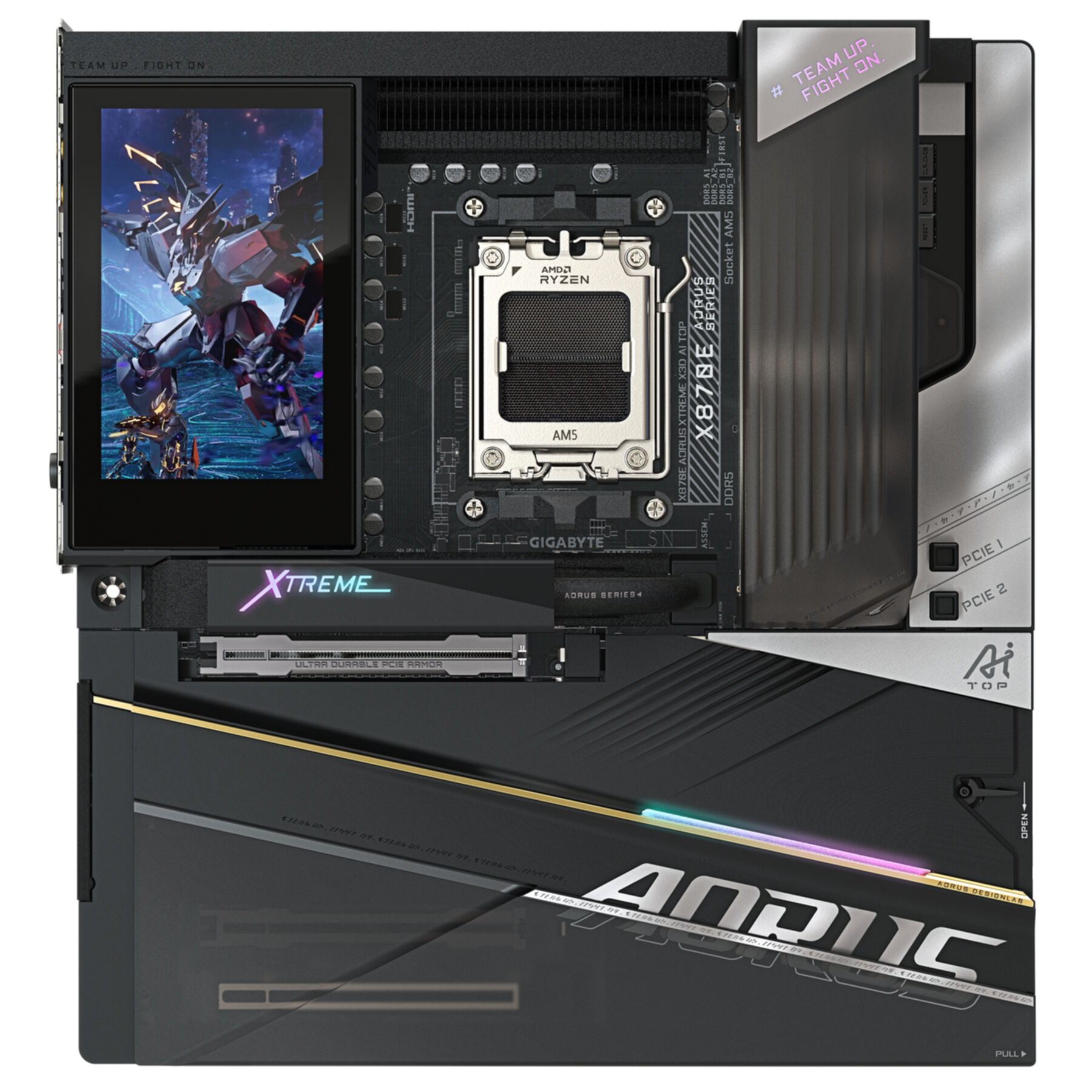 Una placa base con procesador Ryzen, pantalla pequeña e iluminación RGB.