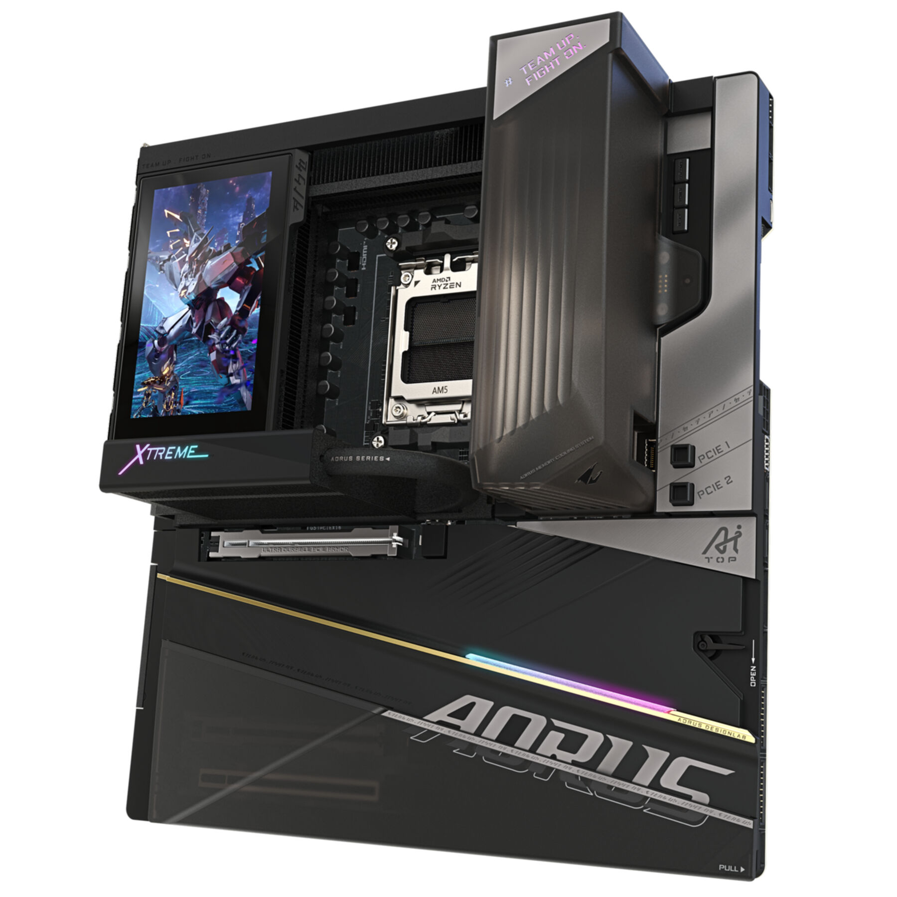 Una placa base de gama alta con CPU AMD Ryzen, iluminación RGB y una pequeña pantalla.