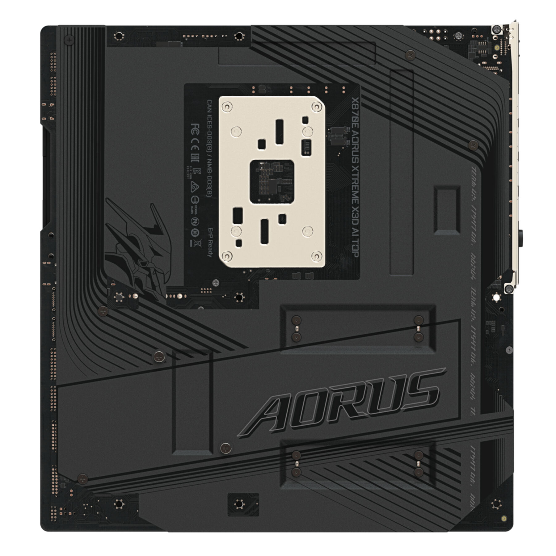 Reverso de una placa base negra con zócalo de CPU plateado y logotipo AORUS.