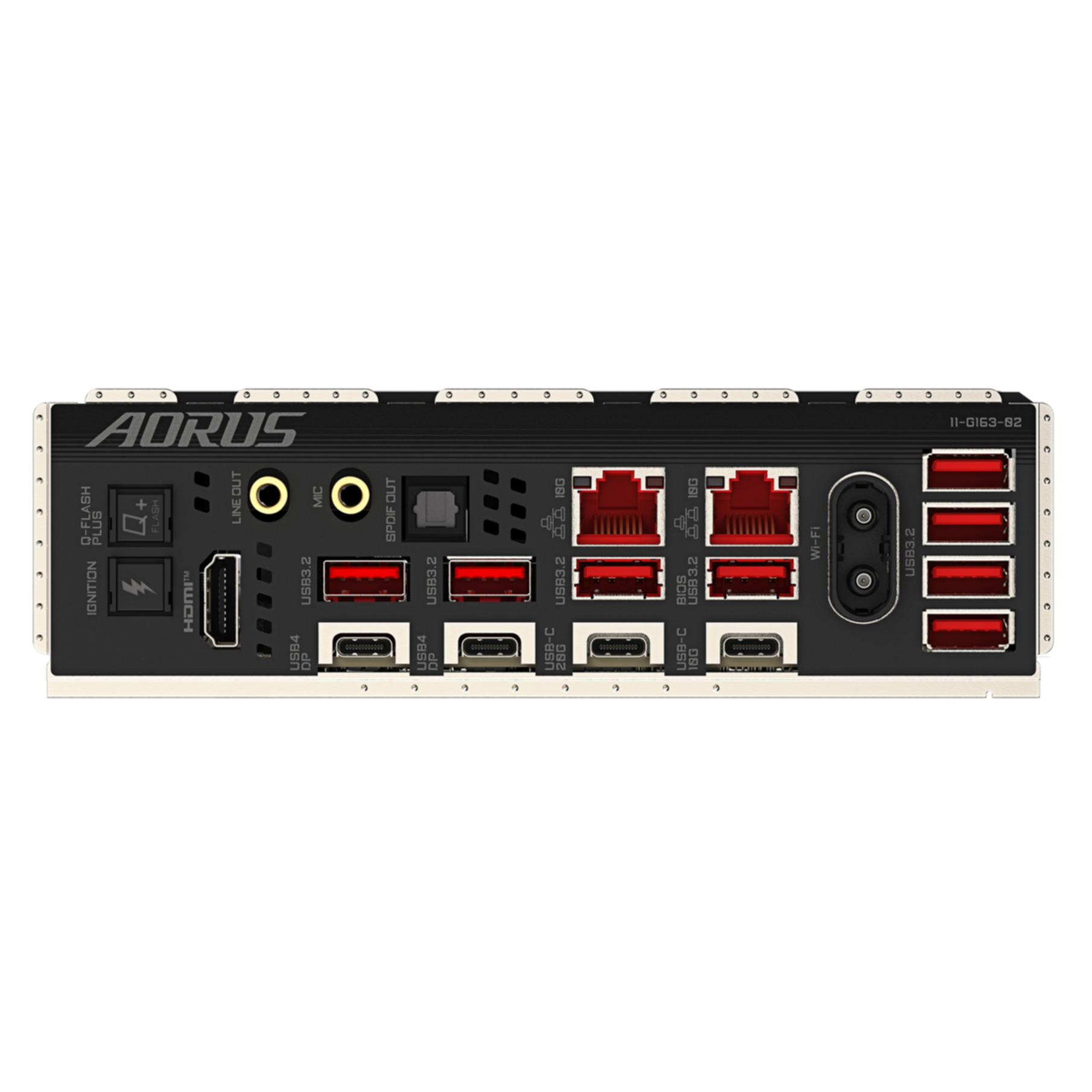 Panel trasero de placa base Aorus con puertos: USB, HDMI, LAN, Wi-Fi.
