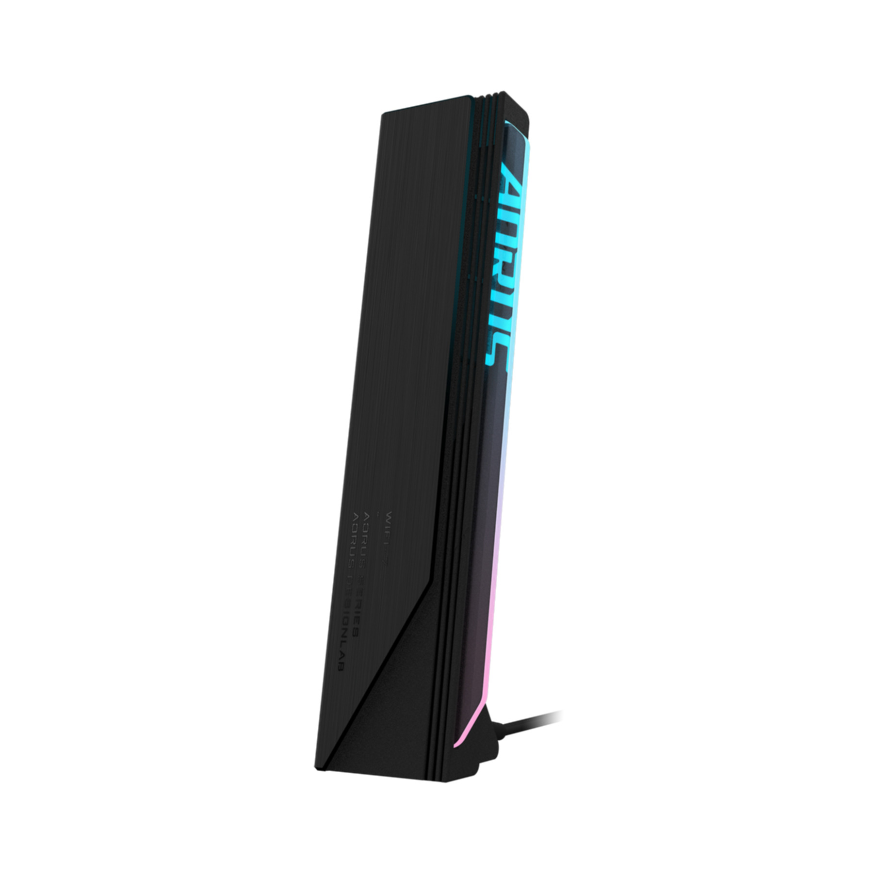 Router negro y elegante con logo AORUS iluminado y detalles RGB.