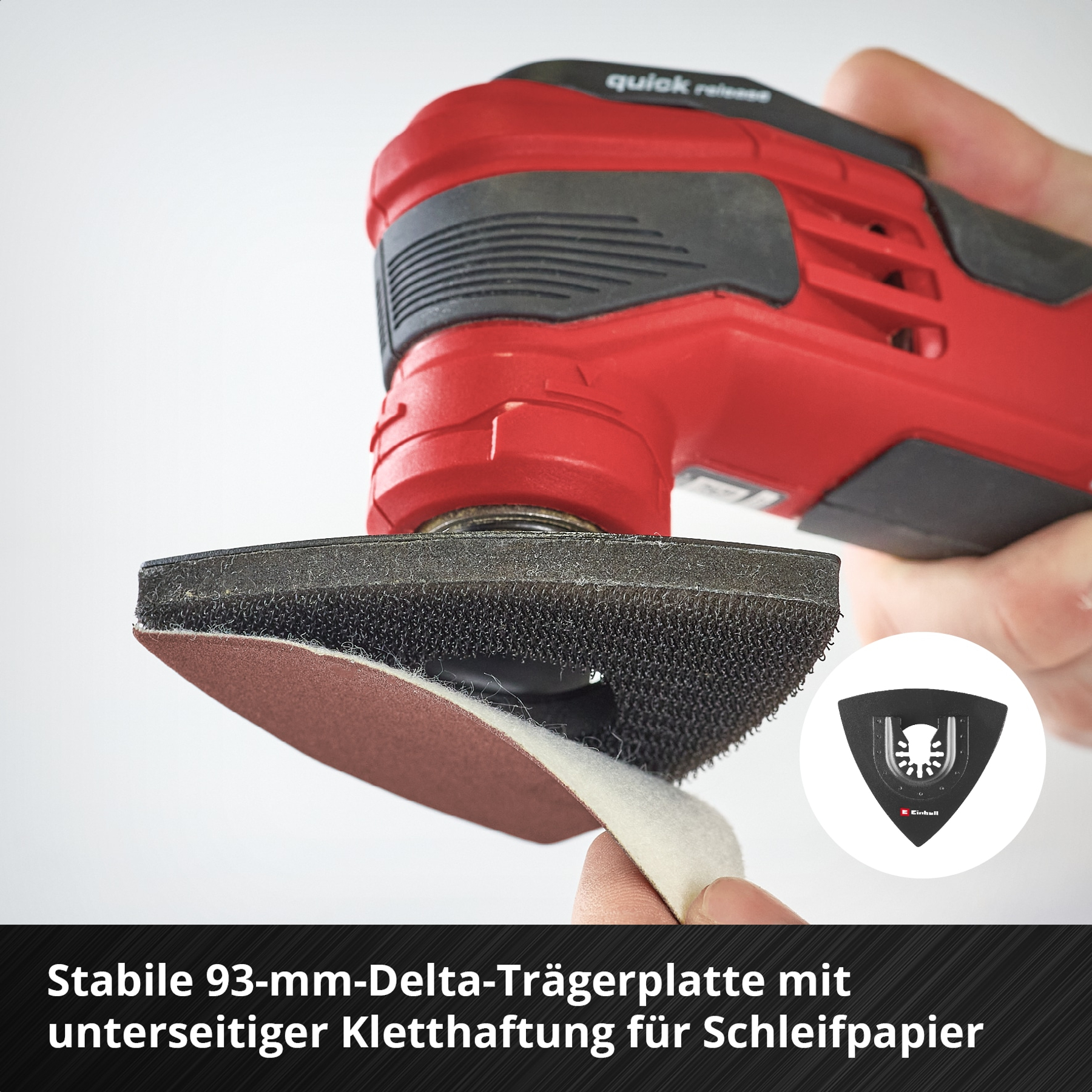 Rote Schleifmaschine mit dreieckiger Schleifplatte und Schleifpapier.