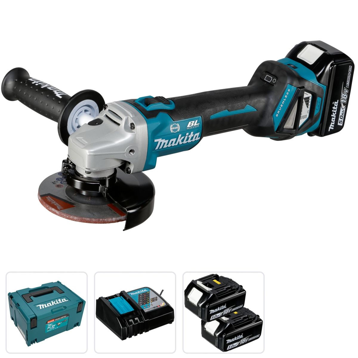 A Makita Akku-Winkelschleifer mit Batterie, Ladegerät und Koffer.
