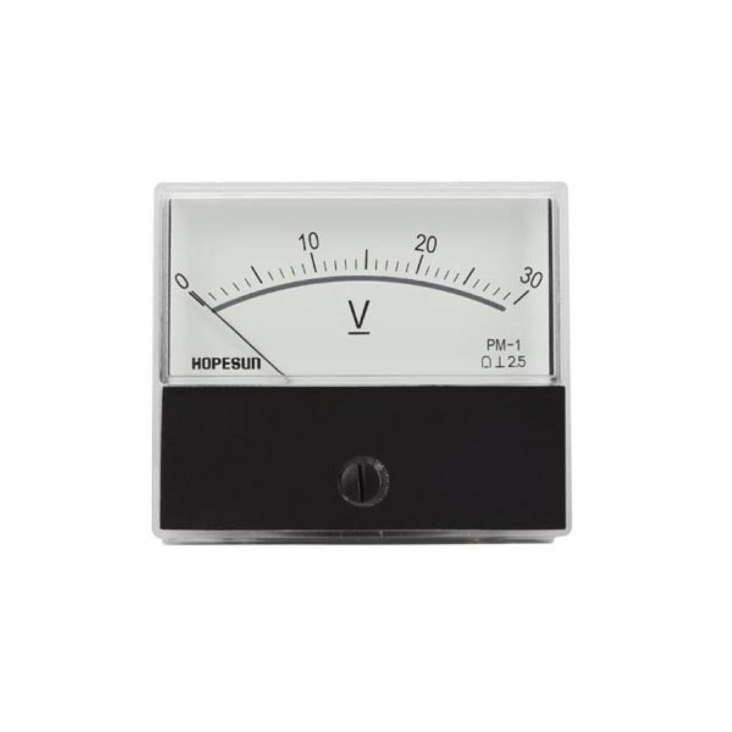 Ein Voltmeter mit schwarzem Gehäuse und weißem Zifferblatt mit V-Symbol und Skala.