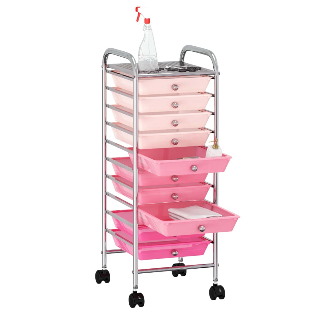 Ein rosa Rollwagen mit 8 Schubladen, einer Sprühflasche und Seife.