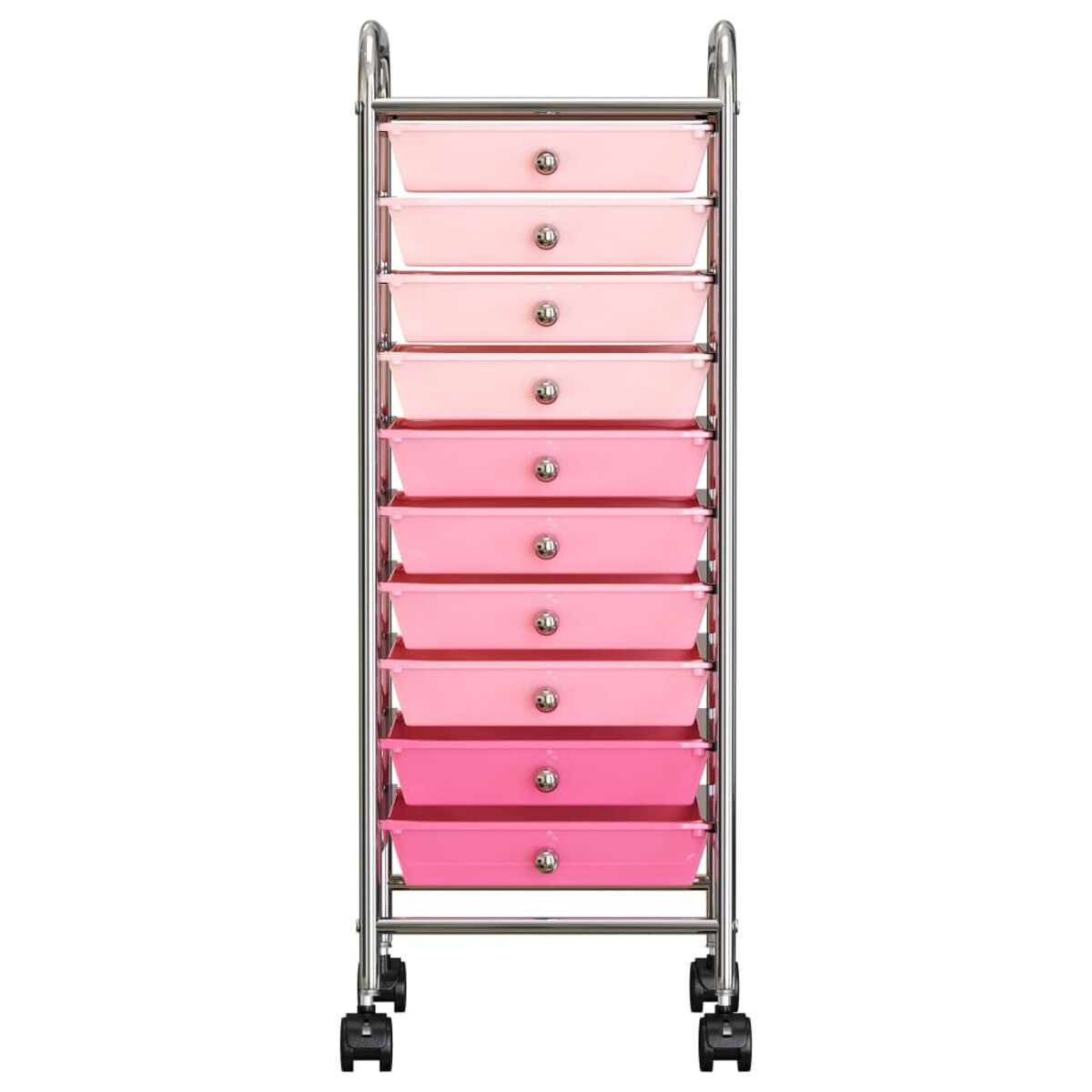 Ein schmaler Rollwagen mit 10 rosa Schubladen und silbernen Griffen.