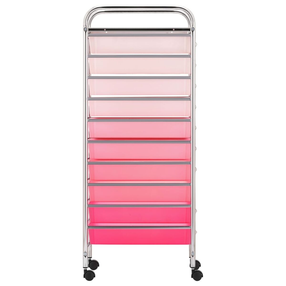 Ein Rollwagen mit 10 Schubladen in Rosa-Ombré-Tönen auf silbernem Metallrahmen.
