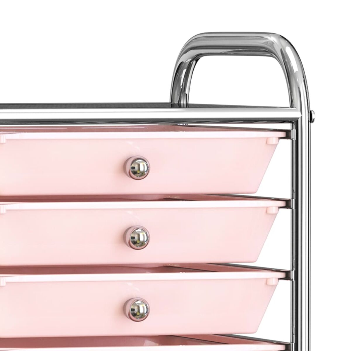 Ein rosa Rollwagen mit vier Schubladen und Chromgriffen.