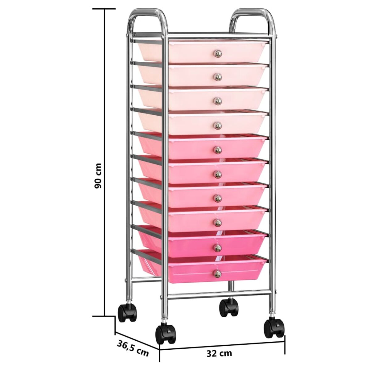 Ein Rollwagen mit 10 Schubladen in Rosa und Pink auf Rollen.