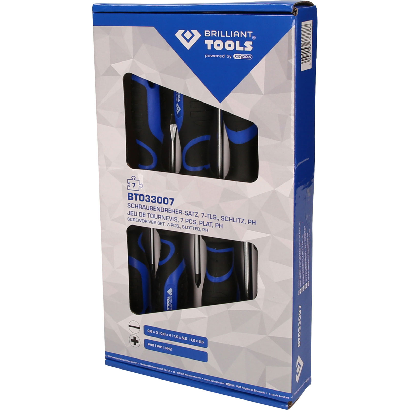 Confezione di un set di cacciaviti Brilliant Tools da 7 pezzi in blu e nero.