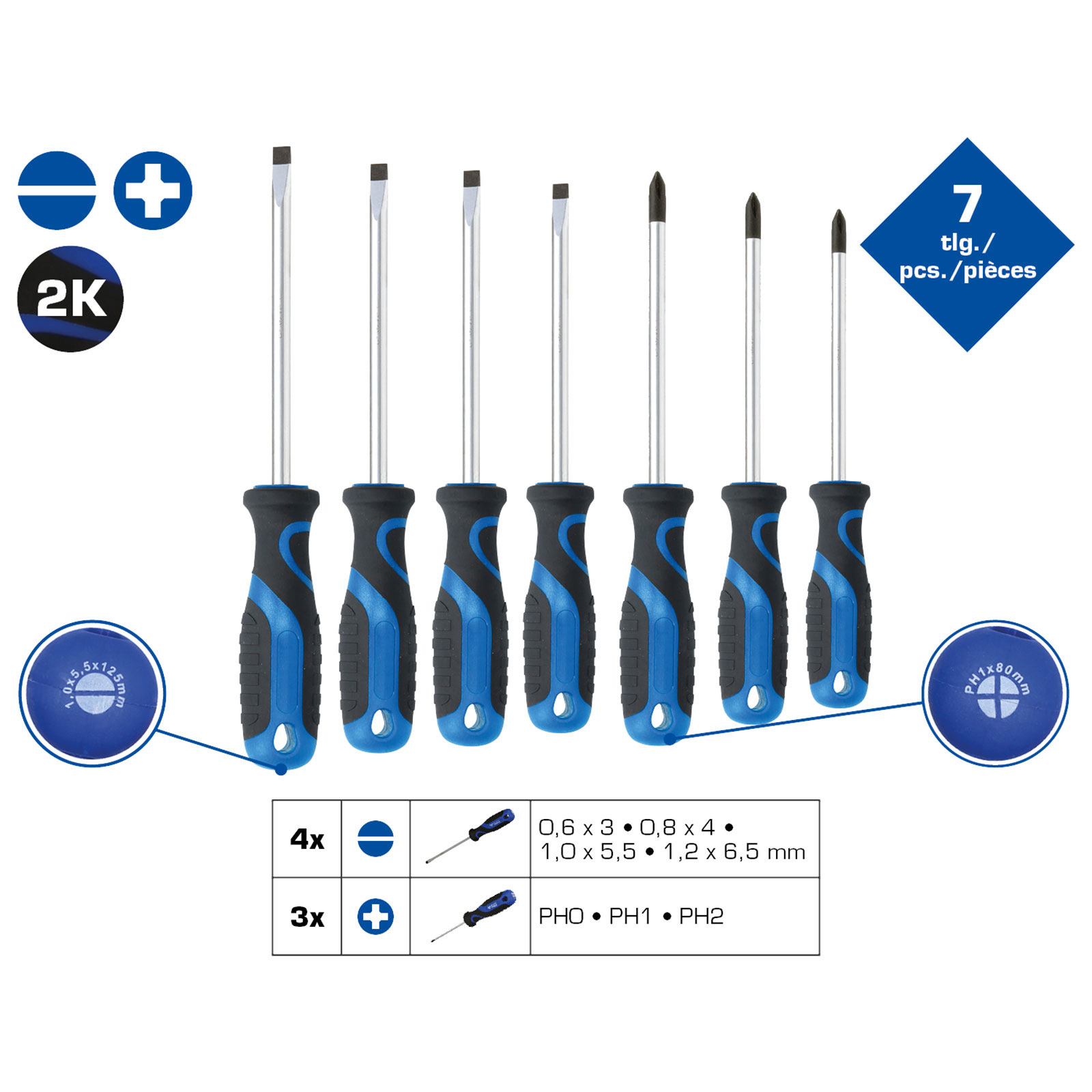 Un set di 7 cacciaviti con manici blu e neri. Include cacciaviti a taglio e a croce Phillips.