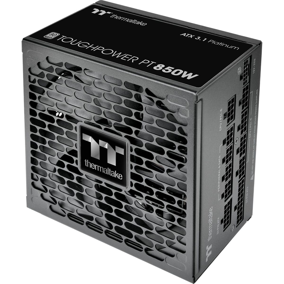 Ein graues Thermaltake Netzteil mit Lüftergitter und Anschlüssen.