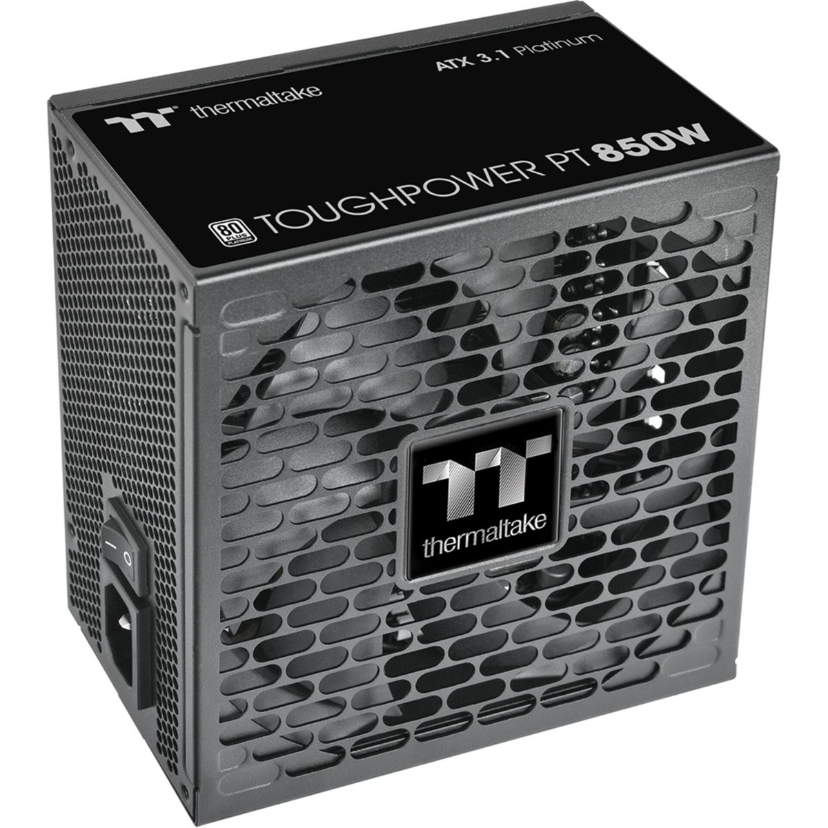 Ein grauer Thermaltake Toughpower PT 850W Netzteil mit Lüftergitter.