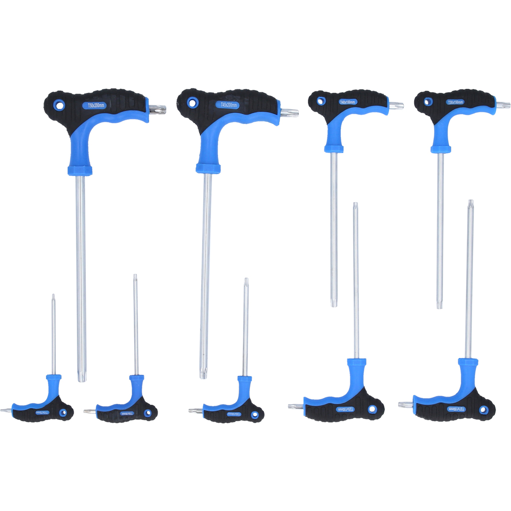 Sechs T-förmige Schraubenschlüssel mit blau-schwarzen Griffen und langen Metallschäften.