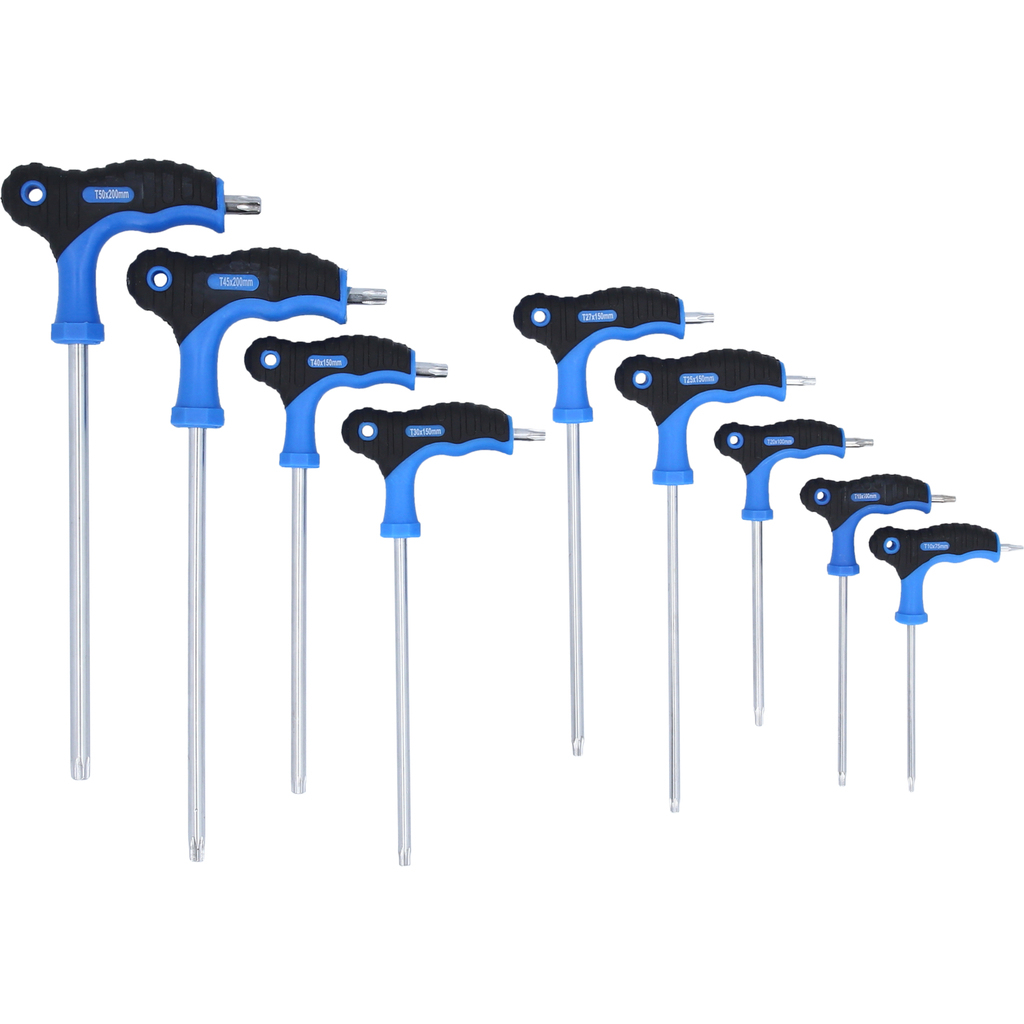 Satz von Torx-Schraubenschlüsseln mit blau-schwarzen Griffen.