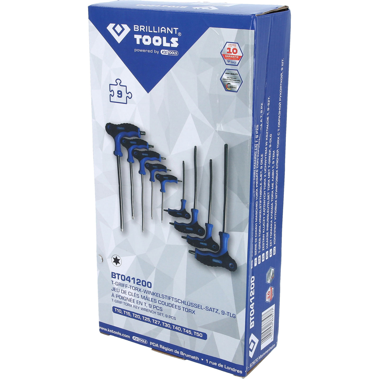 Verpackung mit T-Griff Torx-Schlüsseln in verschiedenen Größen, blau und schwarz.