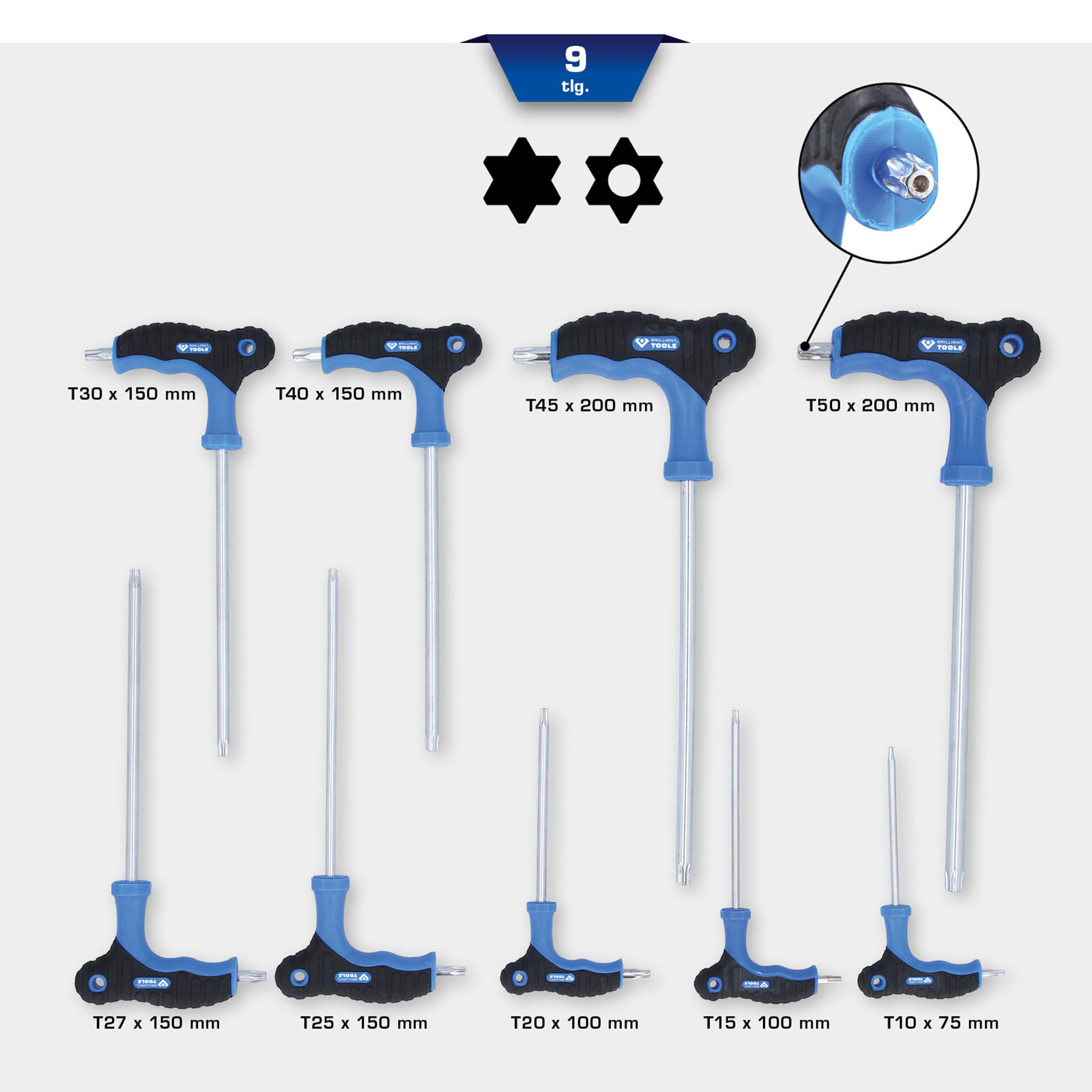 Ein Set von T-Griff-Schraubenschlüsseln mit blau-schwarzen Griffen.