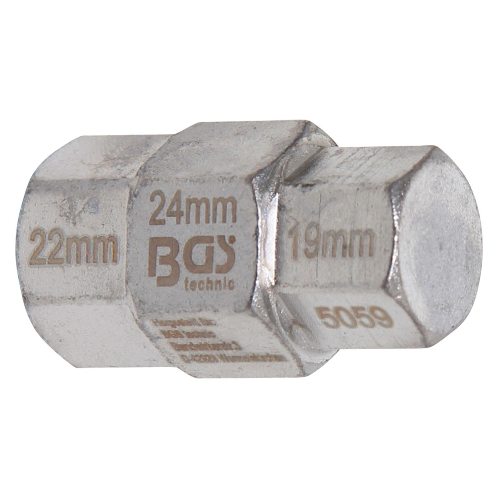 Ein silberner Schraubenschlüssel mit Größenangaben 22mm, 24mm und 19mm.