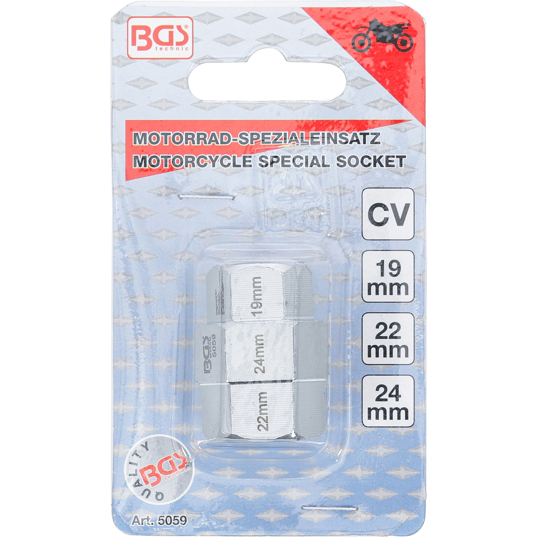 Motorrad-Spezialstecknuss-Set mit 19, 22 und 24 mm Größen.