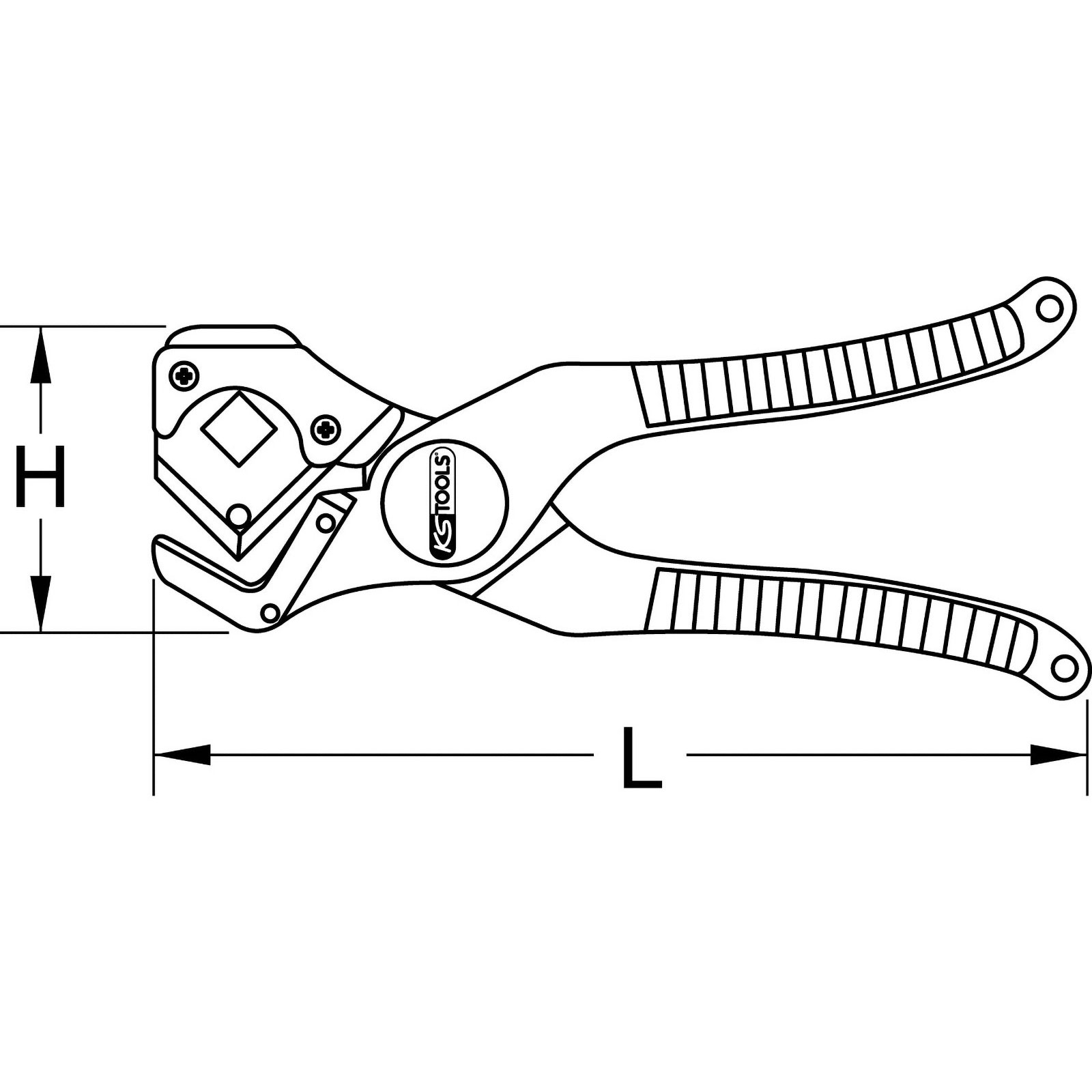 Disegno al tratto di una tagliatubi con indicatori di lunghezza e altezza.