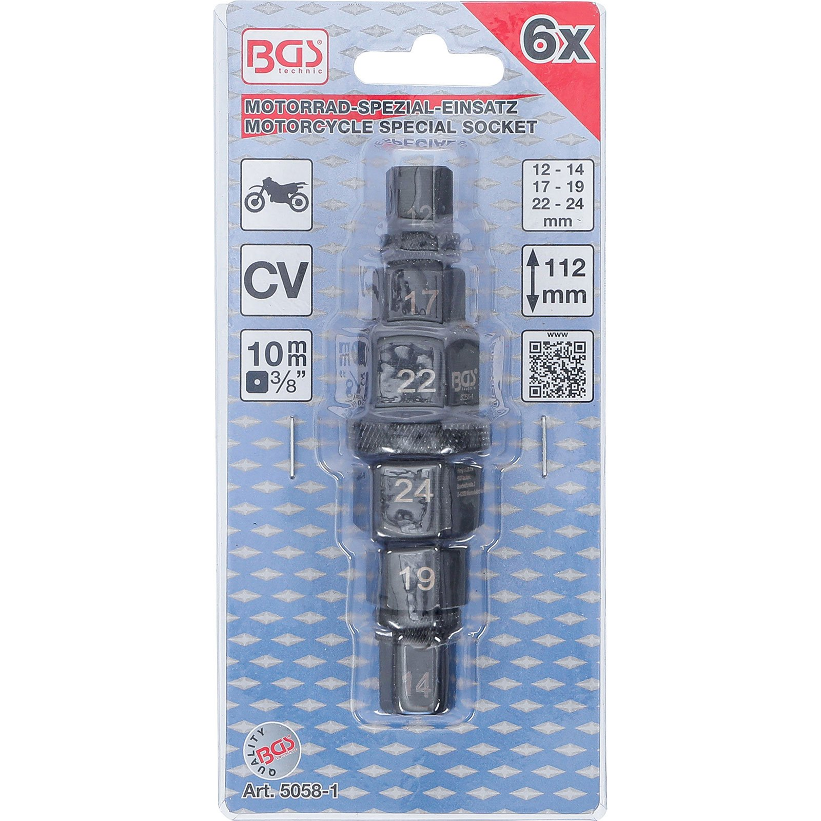 Verpackung mit 6 Motorrad-Spezial-Stecknüssen, Größen 12-24mm, 3/8" Antrieb.