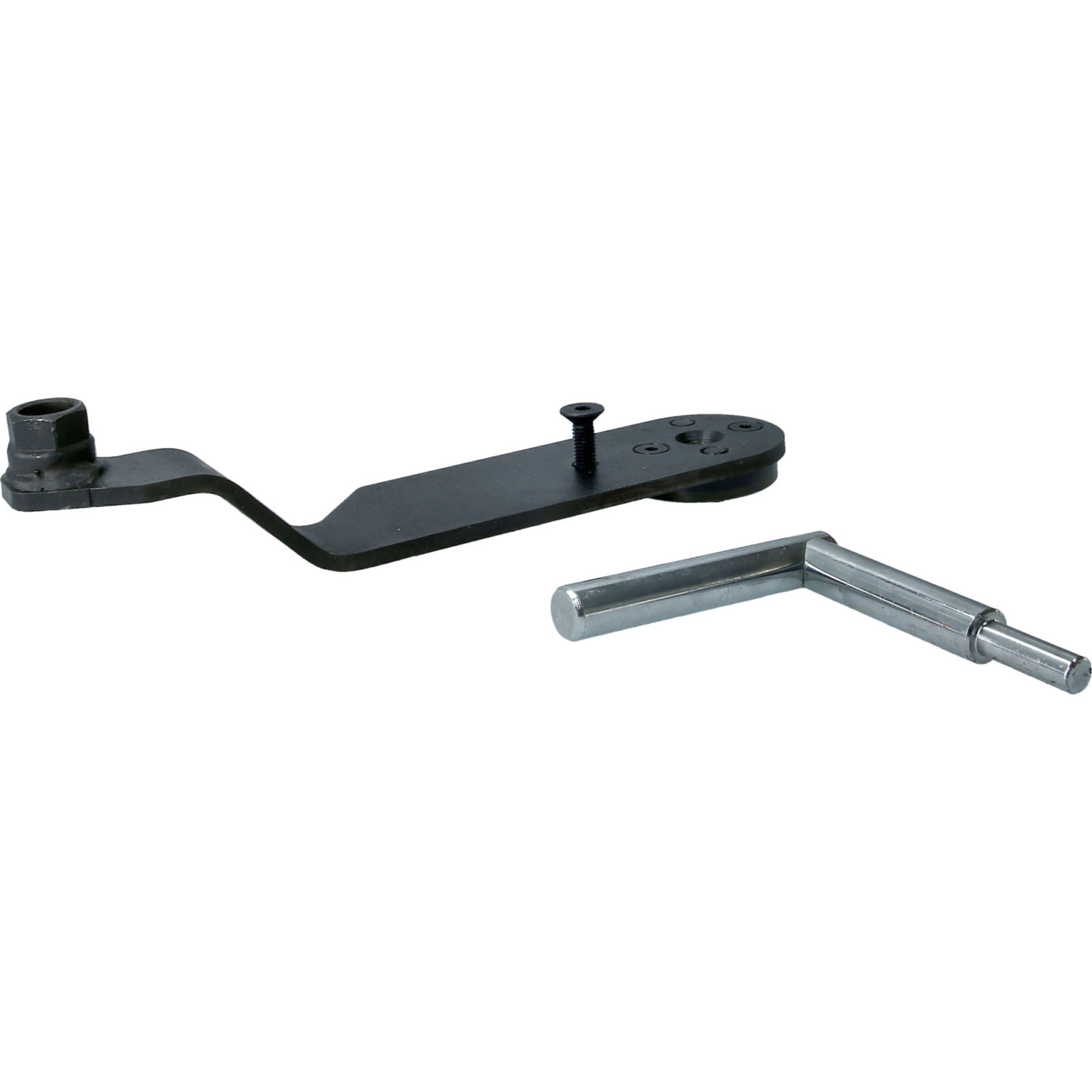 Schwarzes Metallteil mit Schraube und silbernem L-förmigem Griff.