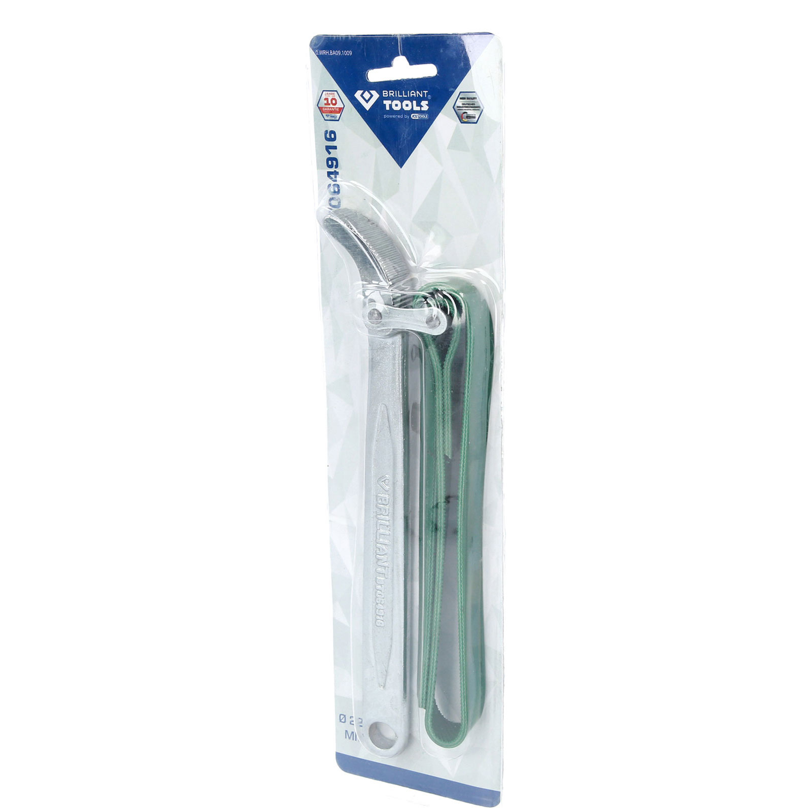 Ein Werkzeugset mit einem silbernen Schraubenschlüssel und grünen Gurten in transparenter Verpackung.