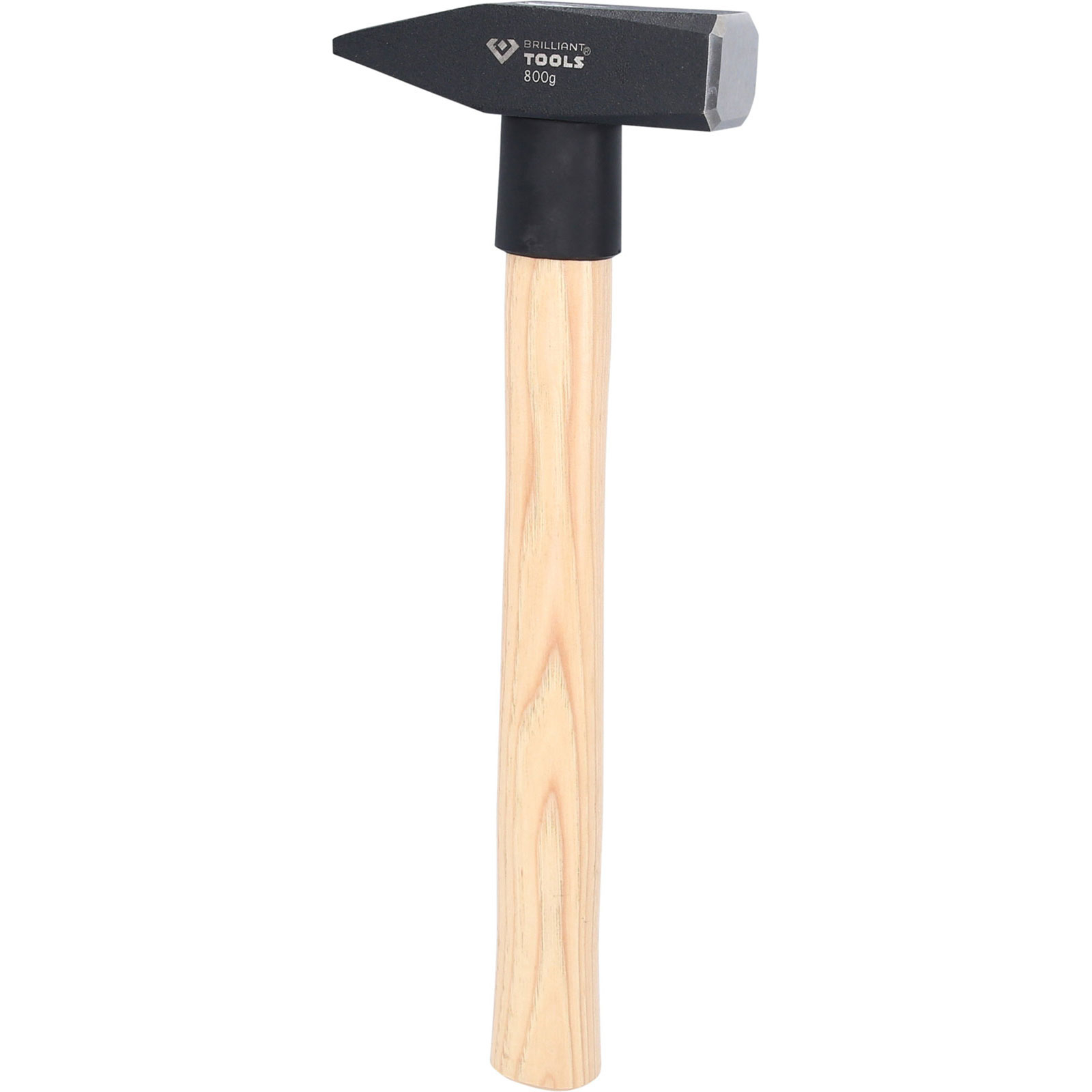 Martello nero con manico in legno e testo.