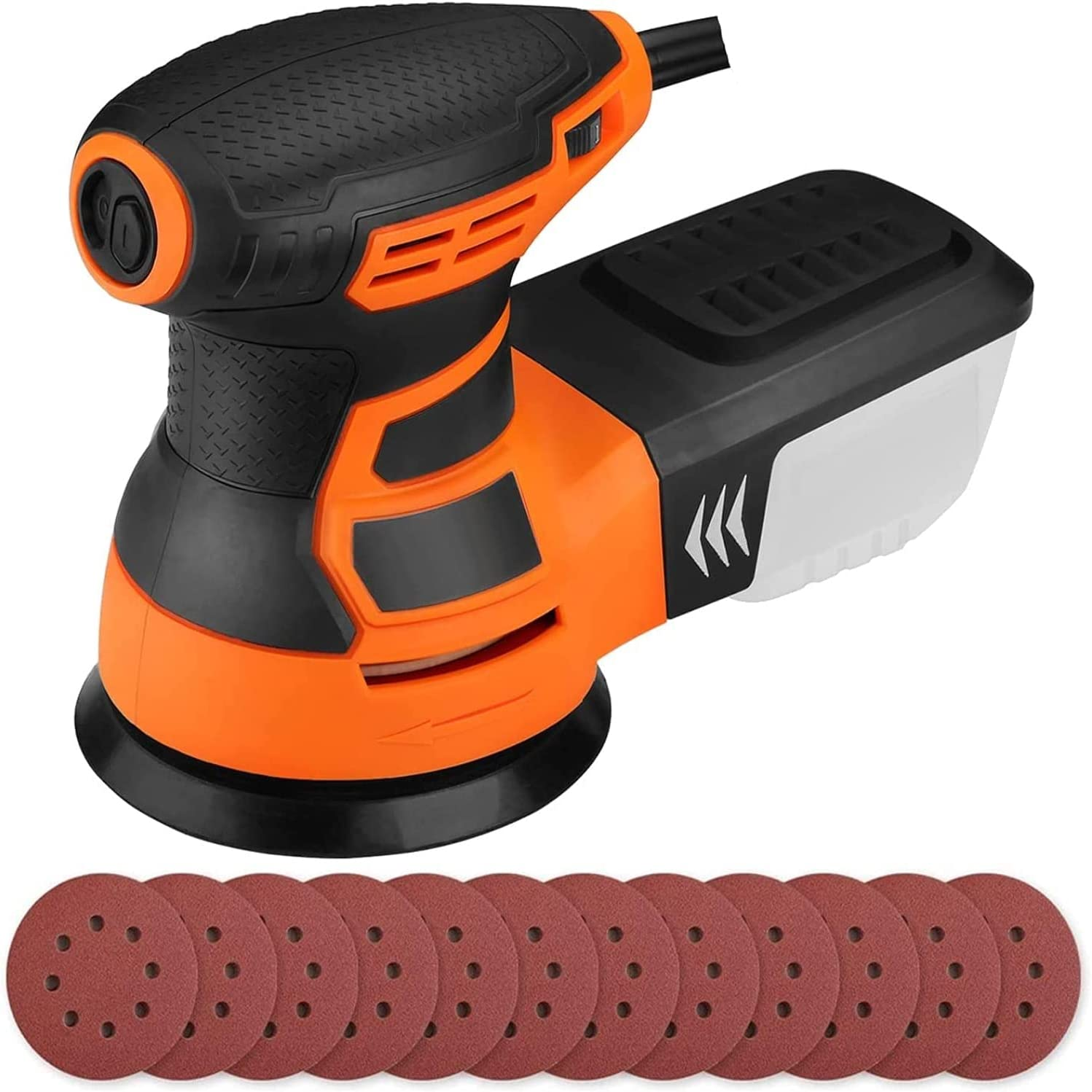 Ein orange-schwarzer Exzenterschleifer mit Staubfangbehälter und Schleifpapier.