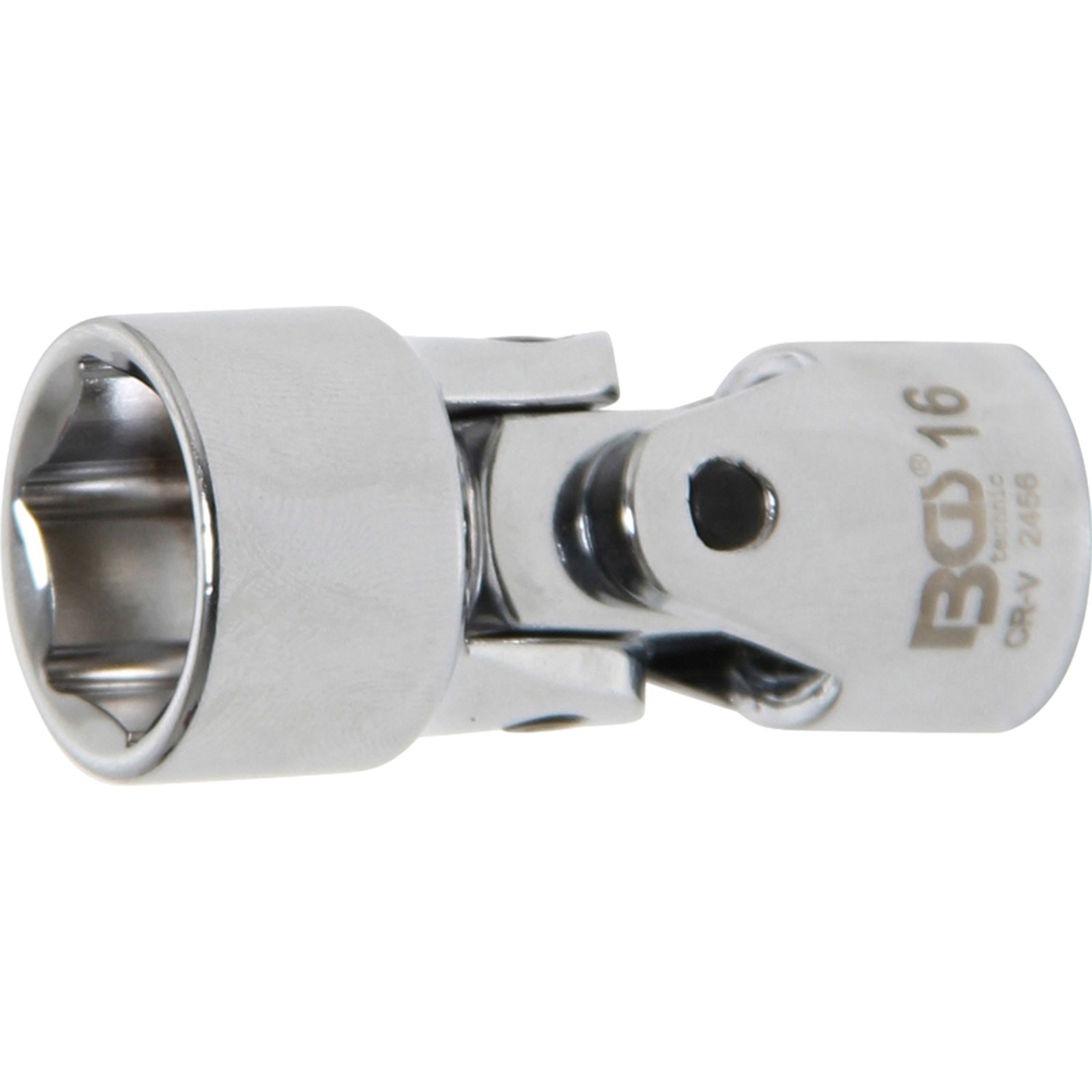 Un adattatore per bussola snodato universale argentato lucido con marchio BGS 16.