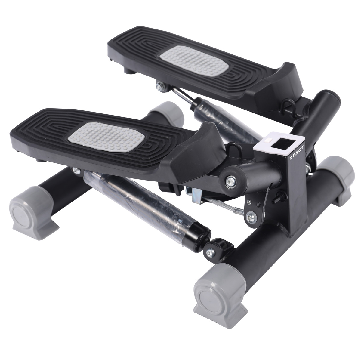 Czarny domowy stepper z szarymi uchwytami pedałów i amortyzatorami.
