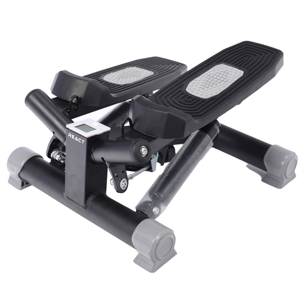 Czarny i szary stepper z cyfrowym wyświetlaczem i antypoślizgowymi pedałami.