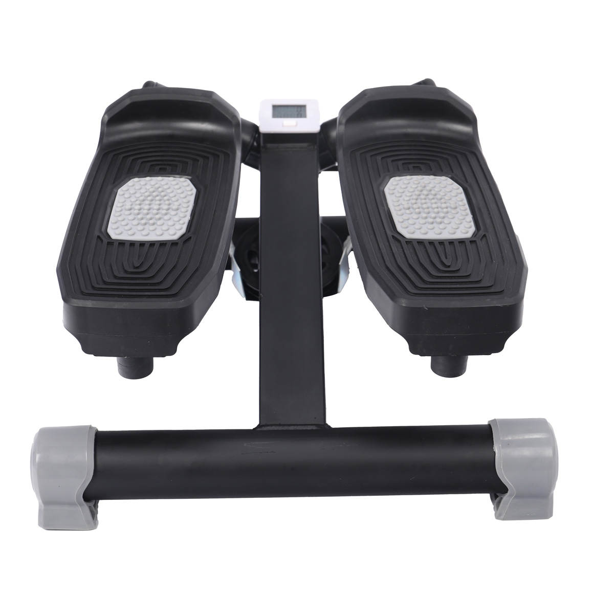 Czarny stepper z dwoma pedałami, wyświetlaczem i drążkiem.